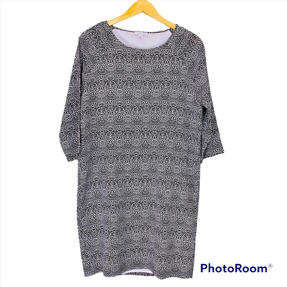 GARNET HILL Silk Print Shift‎ Dress Size 8 Long Sleeve Black White Relaxed Loose